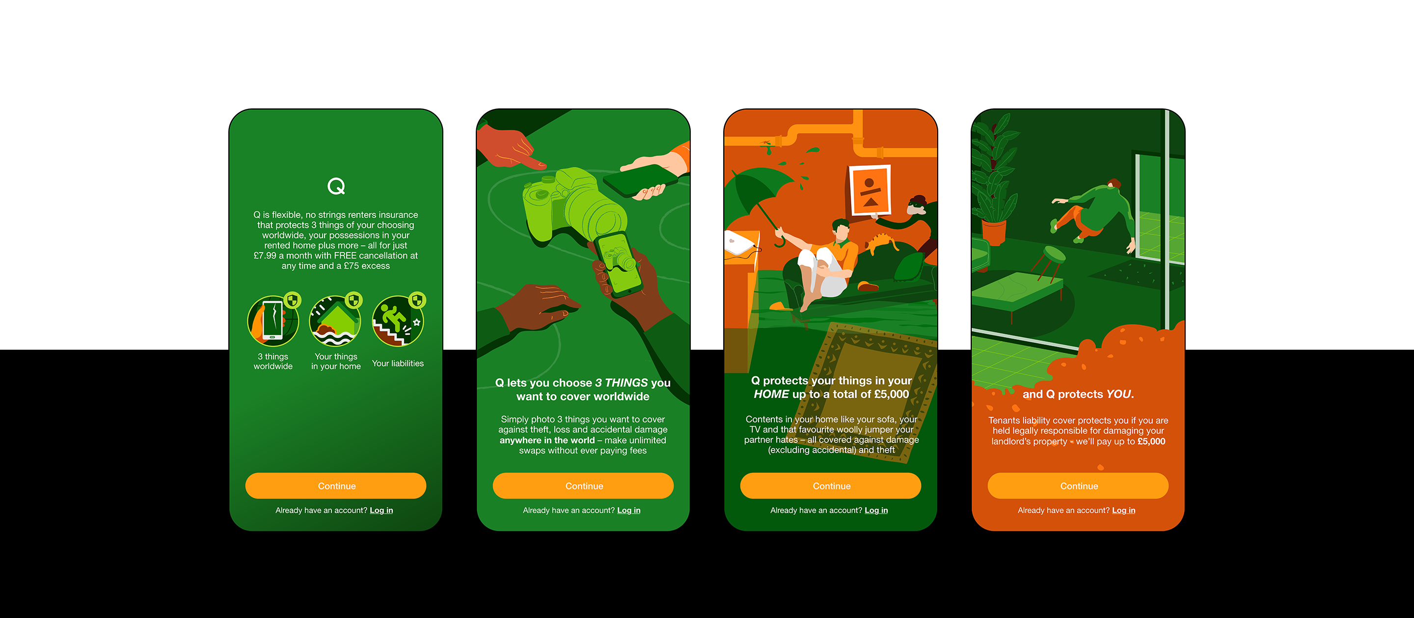 Onboarding screens introducing what Q covers